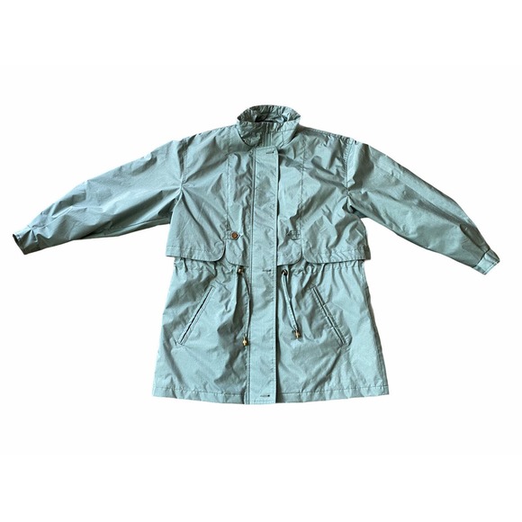 Vtg Fleet Street Metallic Teal Oversize Trench Raincoat Jacket Women's Medium - Picture 2 of 11